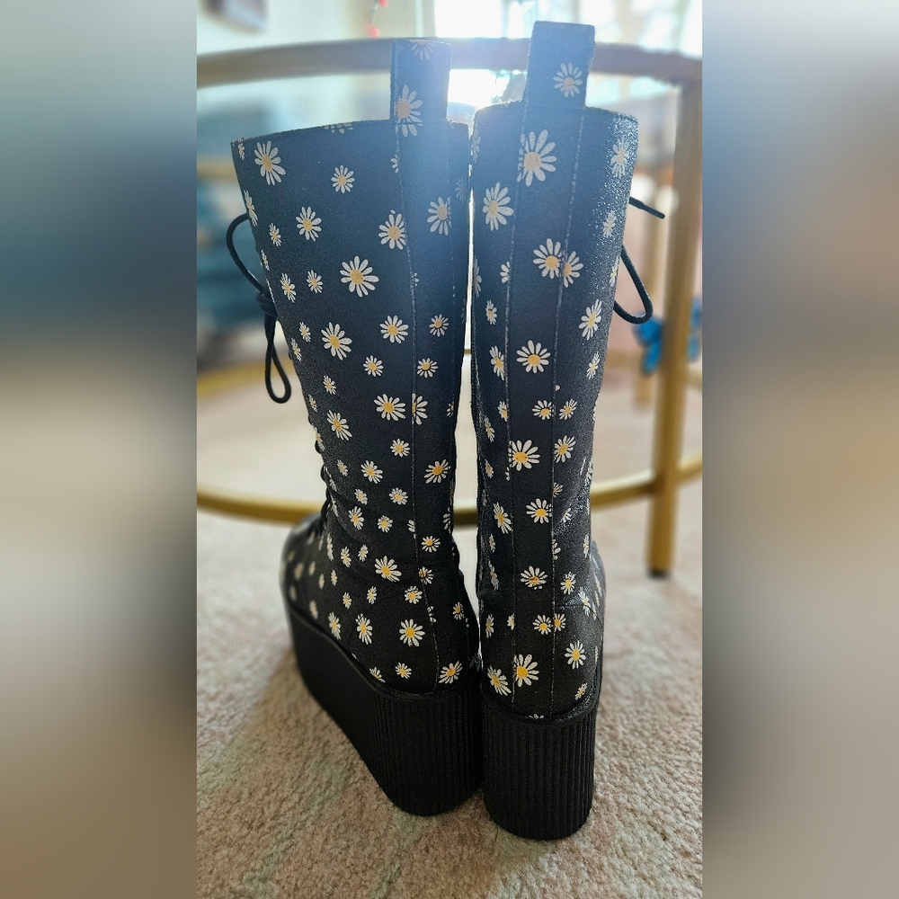YRU KAOS HI Black Daisy Glitter Thigh-High Platform Zip-Up Boots Punk Goth - Picture 5 of 13